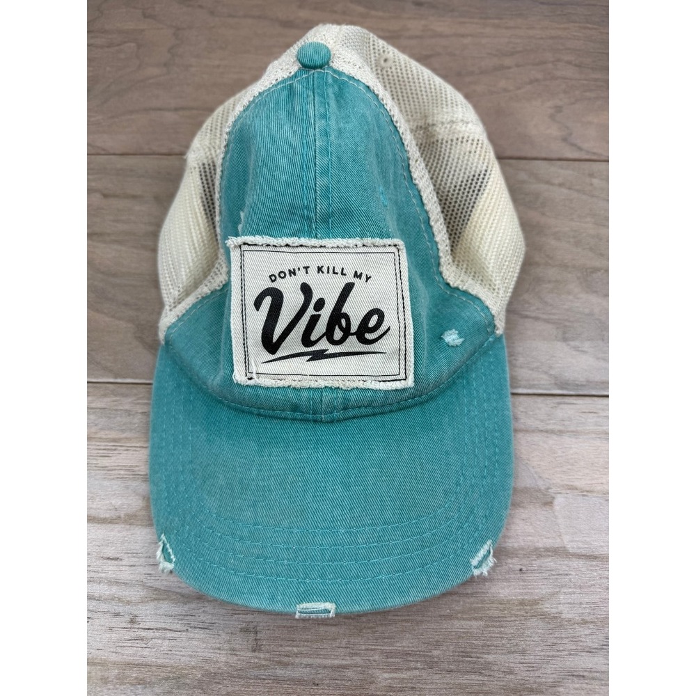 Karma Trucker Hat Men's Teal Cream "Don't Kill My Vibe" Distressed